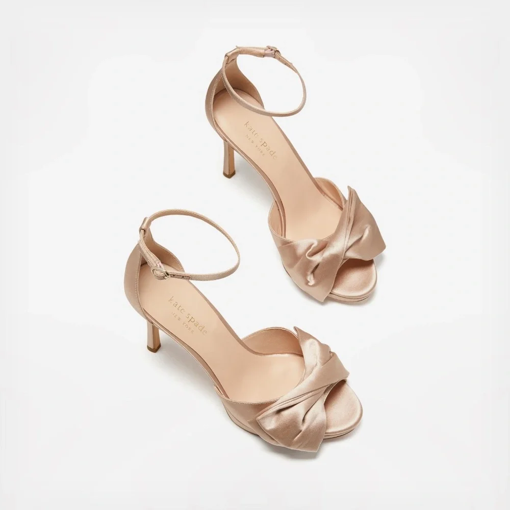 Kate Spade Bridal Bow Champagne Satin Platform Sandal Stiletto Heel Evening pump